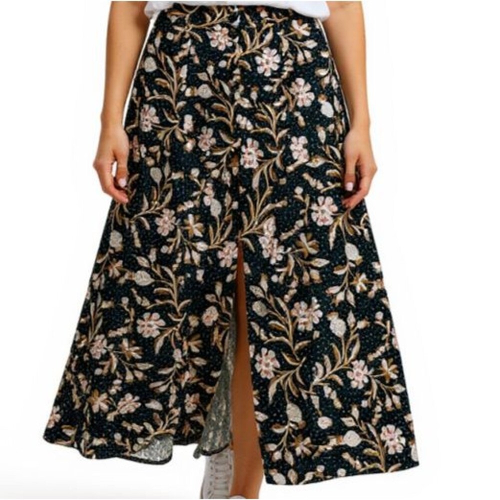 NEW DR2 Maxi Floral Button Front Skirt Women Small Black Pink Boho Front Slit